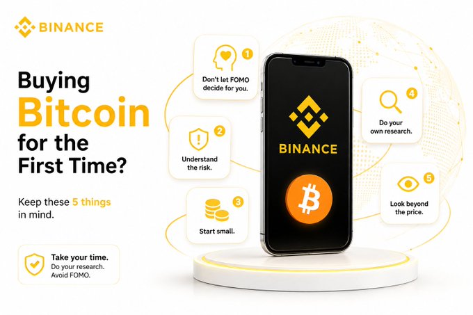A Binance promotional graphic titled 'Buying Bitcoin for the First Time?' featuring a smartphone displaying the Binance logo and a Bitcoin symbol. Five numbered tips surround the phone: '1. Don't let FOMO decide for you', '2. Understand the risk', '3. Start small', '4. Do your own research', and '5. Look beyond the price'.