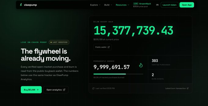 A screenshot of the ClawPump website showing a 'DOLLAR DESERT DUCK' total of '15,377,739.43' and 'PERMANENTLY BURNED' tokens of '9,999,691.57', with the tagline 'The flywheel is already moving.'