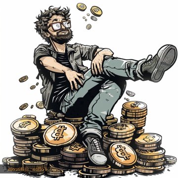 A cartoon illustration of a bearded man with glasses sitting on piles of Bitcoin coins.