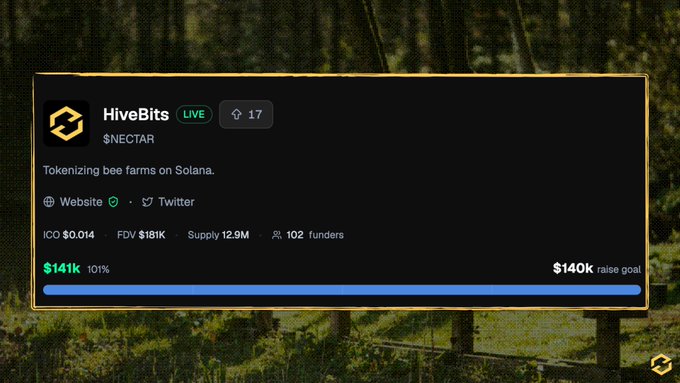 A promotional graphic for 'HiveBits' ($NECTAR), a Solana project tokenizing bee farms, showing ICO at $0.014, FDV $181K, Supply 12.9M, 102 funders, with a fundraising progress bar at 101% ($141k of $140k goal).