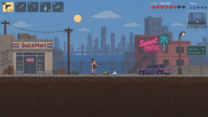 A pixel-art video game scene featuring a female character in a 2D side-scrolling environment with a 'QuickMart' and 'Sunset Motel' visible, set against a city skyline at sunset, with HUD elements showing inventory, life (100/200), and a 'Harbor District' minimap.