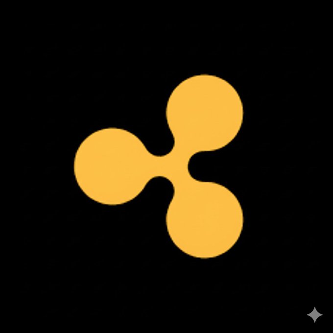 A glowing gold Ripple (XRP) cryptocurrency logo appears on a black background with a small sparkle icon in the bottom right corner.
