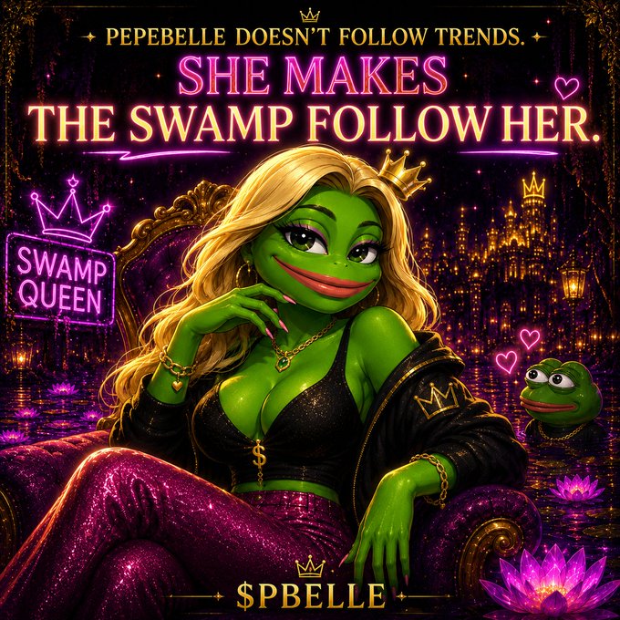 A promotional meme poster featuring Pepebelle the frog queen in glamorous attire with text reading 'PEPEBELLE DOESN'T FOLLOW TRENDS. SHE MAKES THE SWAMP FOLLOW HER.' and ticker '$PBELE'.