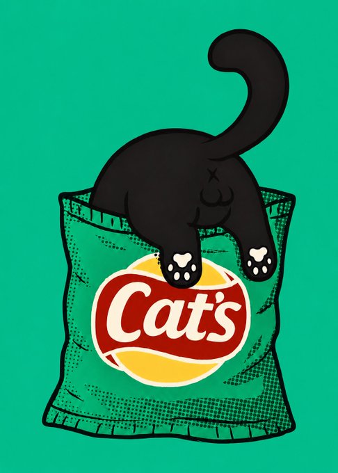 An illustration of a black cat sleeping on top of a green bag of Cat's brand pet food against a green background.