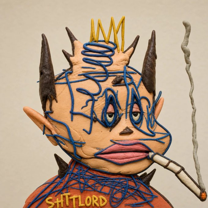 A clay sculpture of a devilish figure with horns, a cigarette, and blue scribbled detailing bears the label "SHITLORD" on its orange shirt. The edgy, rebellious artwork aligns with the post's promotion of an NFT collection from "0xClayFactory," fitting the "collecting NFTs is the culture" theme with a tongue-in-cheek, smoking legend vibe.