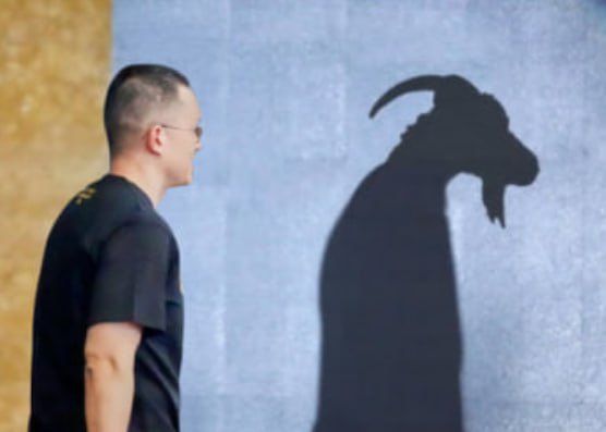 A man in a black t-shirt and sunglasses stands in profile, while his shadow on the wall behind him appears as a goat-like figure with horns.