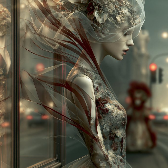 The image depicts an elegant, ethereal female figure with a delicate floral headdress and flowing sheer fabric, wearing an ornately patterned dress in a moody urban setting, visually representing the artistic piece "Seryn" referenced in the post as having been collected by @damianscottart on @objktcom.