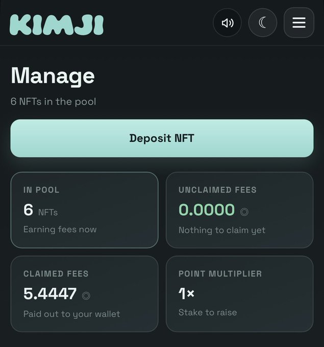 A dark-themed KIMJI NFT management dashboard showing 6 NFTs in the pool, with 5.4447 SOL in claimed fees paid out to the wallet and a 1× point multiplier. The screenshot supports the poster's claim of earning 5.5 SOL in fees within 5 hours by adding a CHADSwtf NFT to the staking pool.