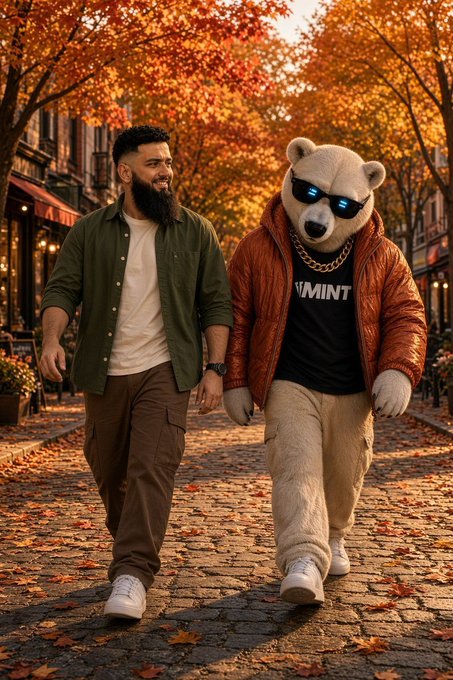 An AI-generated image shows a bearded man walking alongside a white bear in sunglasses and an orange jacket down an autumn street with orange leaves.