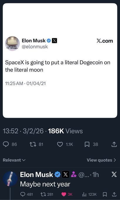 The image shows a Twitter post with a caption that reads, "Elon Musk said SpaceX is going to put a literal Dogecoin on the literal moon next year. We are back." The post includes a photo of a man's face along with the text and a link to an article about Elon Musk and his company, Tesla Motors.