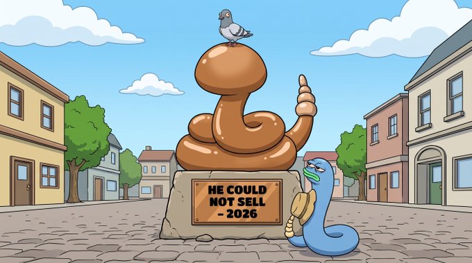 A digital cartoon depicting a monument to feces with a plaque reading 'HE COULD NOT SELL - 2026', featuring a pigeon on top and a sad worm holding a roll of toilet paper beside it.