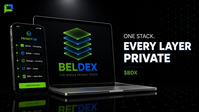 A Beldex promotional graphic featuring the text "ONE STACK. EVERY LAYER PRIVATE" with the $BDX token, showing a phone displaying "PRIVACY OS" and a laptop displaying the Beldex logo.
