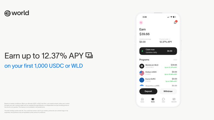 A World App advertisement offering "Earn up to 12.37% APY on your first 1,000 USDC or WLD," displaying a smartphone mockup with $39.66 earnings and programs including Worldcoin WLD, Dollars USDC, Euros EURC, and Yuanstable e¥.