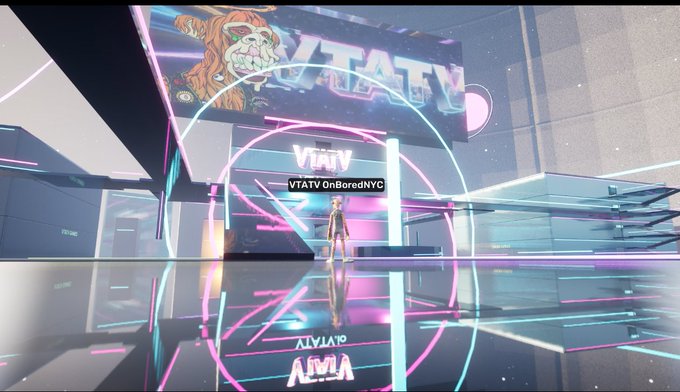 A futuristic neon virtual venue features a tiger logo and mirrored floors, with the visible name tag “VTATV OnBoredNYC.”