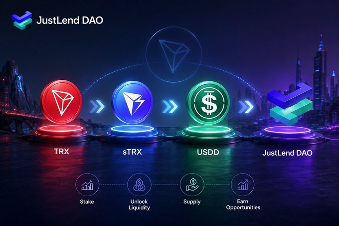 A promotional image for "JustLend DAO" showing a process flow from TRX to sTRX to USDD to JustLend DAO, with icons for "Stake," "Unlock Liquidity," "Supply," and "Earn Opportunities" at the bottom.