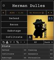A dark, low-resolution digital image showing a menu or game interface with text including "Herman Dulles," "Defend," "Recruit," "Sabotage," and "Infiltrate."