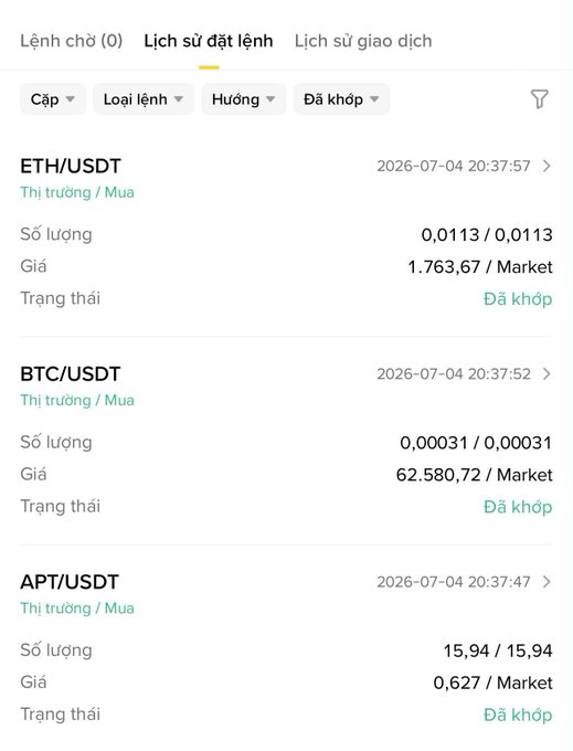 Mobile app order history screen showing completed market buy orders for ETH/USDT (0.0113 @ 1,763.67), BTC/USDT (0.00031 @ 62,580.72), and APT/USDT (15.94 @ 0.627), all dated 2026-07-04.