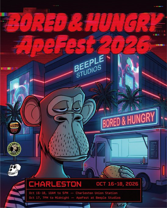 A vibrant neon-lit event poster for "Bored & Hungry ApeFest 2026" featuring the iconic Bored Ape character holding a burger in front of Beeple Studios and a food truck, promoting the restaurant's appearance at Charleston events on October 16-18, 2026, including 10AM-5PM at Charleston Union Station and 7PM-midnight at ApeFest in Beeple Studios.