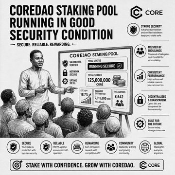 A black-and-white illustrated infographic advertises the "COREDAO STAKING POOL RUNNING IN GOOD SECURITY CONDITION," displaying metrics like 99.99% network uptime, 18.7% rewards, 125,000,000 CORE, and 2,315,600+ total staked, alongside an audience watching a presenter. The image reinforces the post's message by visually emphasizing CORE staking transparency—highlighting validation security, performance, and trustworthiness—to encourage holders to stake wisely rather than blindly.