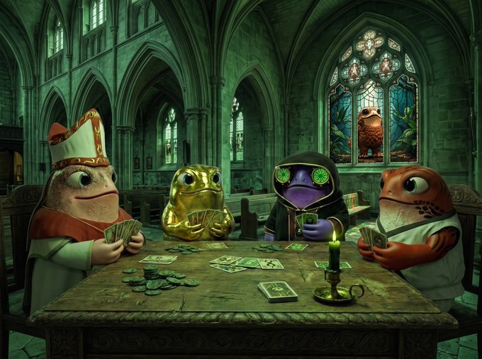 A whimsical digital artwork depicting four frog-like characters dressed in various costumes playing a card game at a table inside a gothic cathedral.