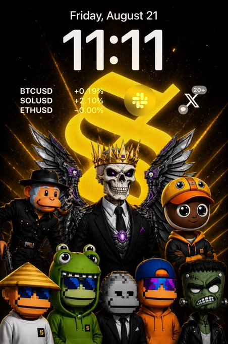 Crypto-themed wallpaper dated Friday, August 21 at 11:11, showing BTCUSD +0.19%, SOLUSD +2.10%, ETHUSD +0.00%, with NFT-style characters and a crowned skull beneath a large dollar sign.