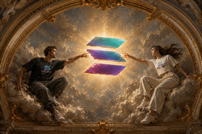 The image features a man and woman sitting together, with the woman's head resting on the man's lap. They are both wearing t-shirts that say "Believe in Solana". The background of the image shows a painting or mural depicting two people holding hands under a starry sky. This artistic representation is set against a cloudy sky, creating an atmosphere of mystery and wonder.
