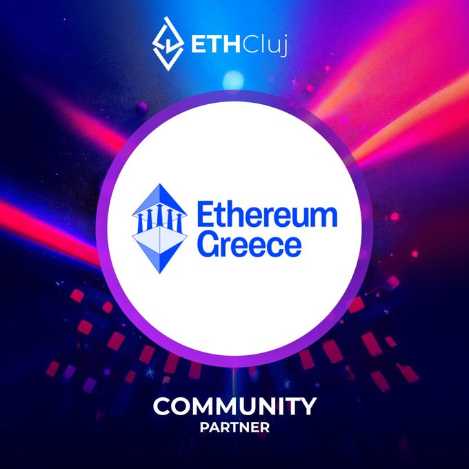 A promotional graphic displays 'ETHCluj' at the top and a central 'Ethereum Greece' logo, with 'COMMUNITY PARTNER' written at the bottom.