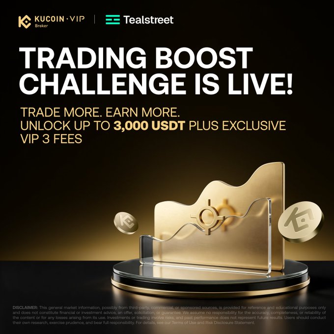 KuCoin VIP Broker and Tealstreet advertisement for a 'Trading Boost Challenge' offering up to 3,000 USDT plus VIP 3 fees.