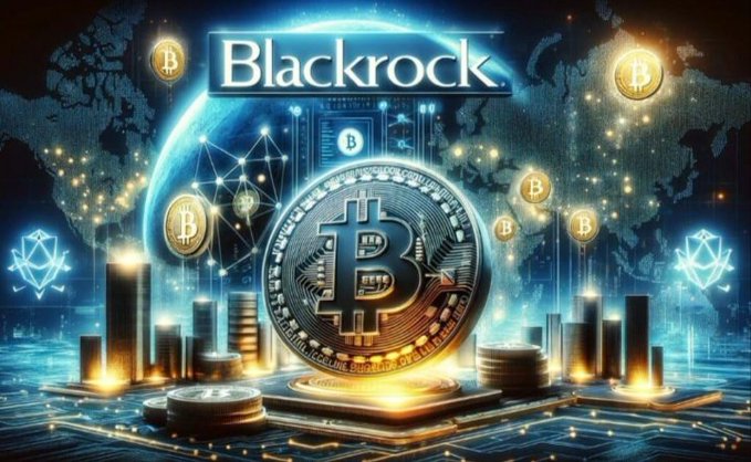 A digital illustration features the "BlackRock" name prominently above a glowing Bitcoin coin, surrounded by floating Bitcoin symbols and circuit-like patterns against a dark, tech-inspired background. The image visually reinforces the post's message about BlackRock's spot Bitcoin ETF accumulating $163.94M in BTC, symbolizing sustained institutional demand and tightening supply amid market volatility.