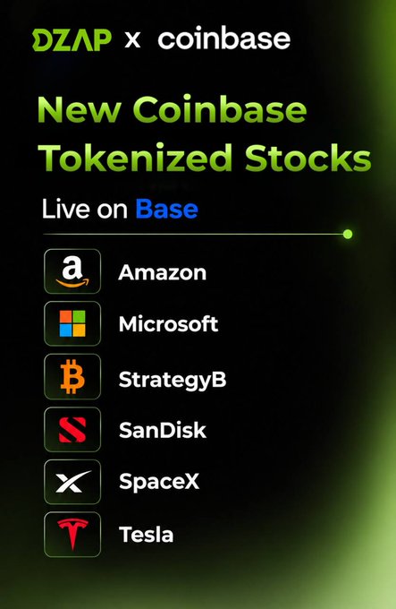 A promotional graphic reads 'DZAP x coinbase New Coinbase Tokenized Stocks Live on Base' listing Amazon, Microsoft, StrategyB, SanDisk, SpaceX, and Tesla.