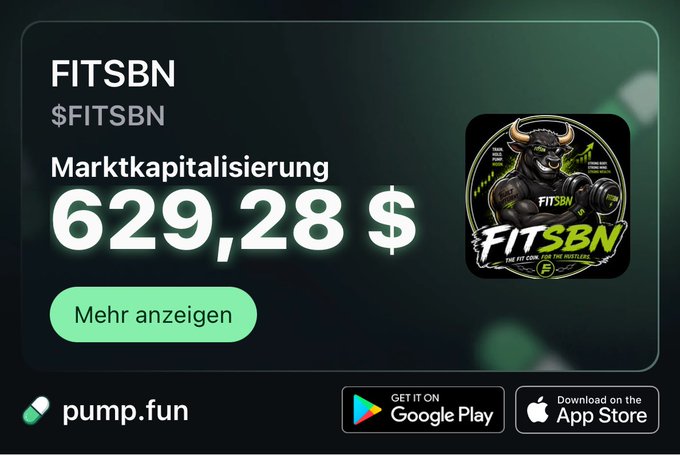 A pump.fun listing for the FITBN memecoin (FITSBN) showing a market capitalization of $629.28 and a bull mascot logo.