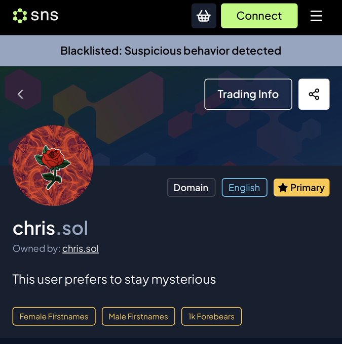 The image displays a profile page for the domain "chris.sol" on SNS, marked with a "Blacklisted: Suspicious behavior detected" banner at the top. The profile is categorized under "Domain" and "English" with a "Primary" star badge, showing the owner as "chris.sol" alongside tags like "Female Firstnames" and "Male Firstnames." This relates to the post by illustrating a blacklisted domain on the SNS platform, raising questions about the governance process for domains flagged after being stolen and the handling of associated charity funds.