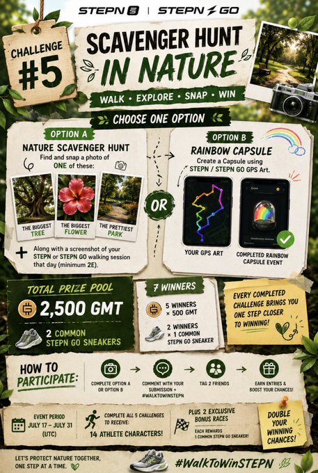 A promotional poster for 'STEPN Scavenger Hunt #5 in Nature' running July 17-31, offering two options (Nature Scavenger Hunt or Rainbow Capsule), a 2,500 GMT prize pool, sneakers, and 7 winners.