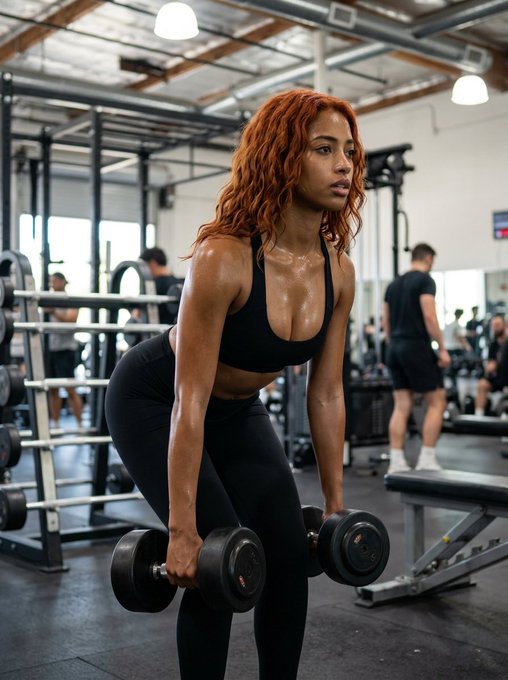 A fit woman with red hair does dumbbell rows at the gym, embodying the post's weekend "touch some grass" message by getting out and putting in real work with iron.