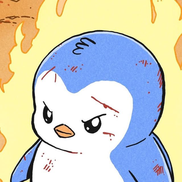 A cartoon illustration of a small blue and white penguin with a grumpy expression, surrounded by orange flames on a yellow background.