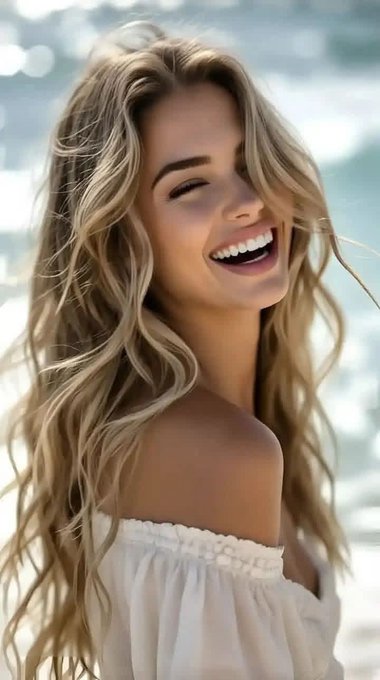 A portrait of a young woman with long wavy blonde hair, smiling joyfully by the ocean, wearing a white off-shoulder top.