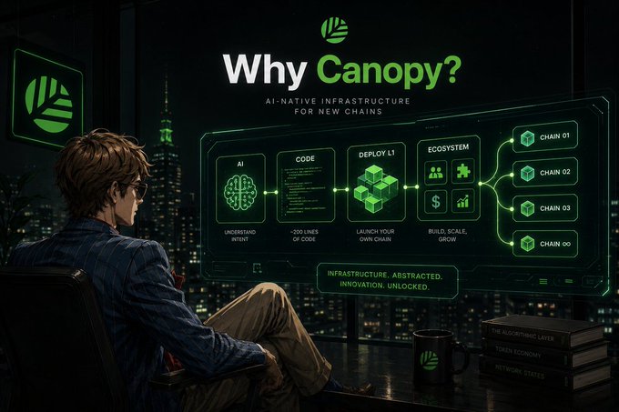 The image shows a stylized figure overlooking a city skyline with a glowing green infographic titled "Why Canopy?" presenting an "AI-native infrastructure for new chains" with four steps—AI, Code, Deploy L1, and Ecosystem—branching into multiple chains (Chain 01, Chain 02, Chain 03, Chain ∞). This visually supports the post's argument that Canopy simplifies the complex, multi-layered process of launching a new blockchain by consolidating infrastructure, security, and ecosystem tools into an AI-driven pipeline.