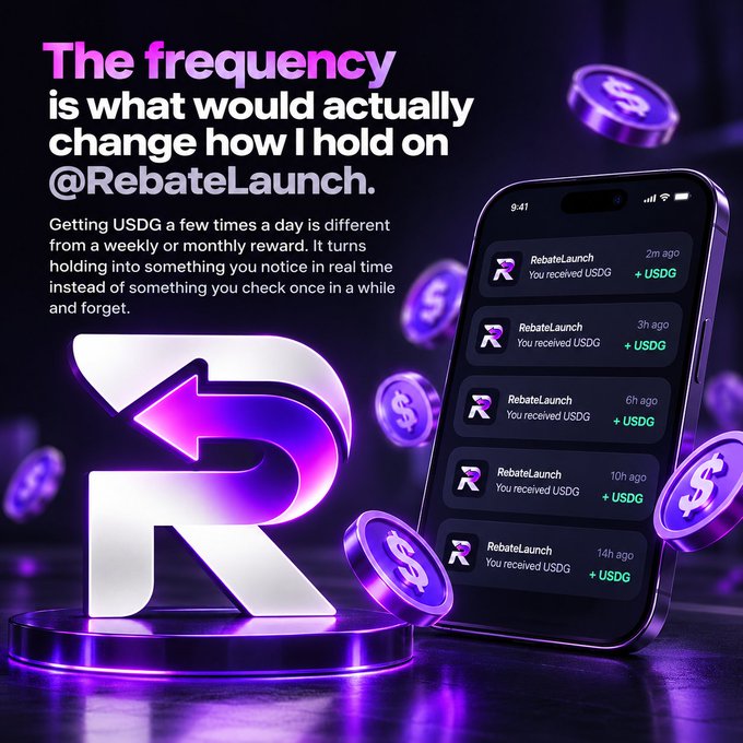 Promotional graphic for @RebateLaunch highlighting frequent USDG holder payouts, with the headline: “The frequency is what would actually change how I hold on.” A smartphone shows multiple “You received USDG + USDG” notifications at 2m, 3h, 6h, 10h, and 14h ago, illustrating rewards arriving multiple times rather than only once a week or month.