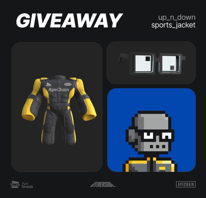 The image features a poster for an event called "SUNDAY GIVEAWAY Prize" that includes a cartoon of an animated ApeDroid character, a sports jacket, and some glasses. The poster also contains text about the prize and encourages viewers to share their thoughts on the post using the hashtag #OthersideMeta.