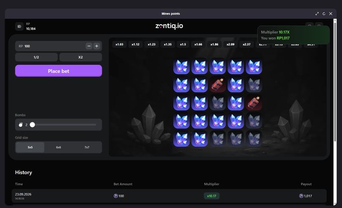 A screenshot of the zontiq.io 'Mines' gambling game showing a 5x5 grid with blue gem icons, a bet of 100 RPL, and a winning multiplier of 10.17X with a payout of 1,017.