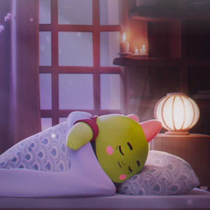 A cute green character with rosy cheeks sleeps peacefully under purple blankets, with a glowing paper lantern and candles on a shelf nearby and snow visible through the window.