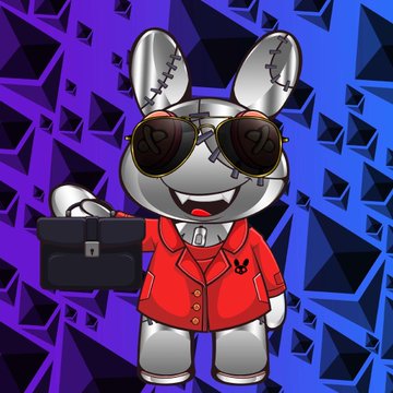 A cartoon-style illustration of a stitched rabbit-like character wearing round sunglasses and a red jacket, holding a black bag against a blue geometric background.