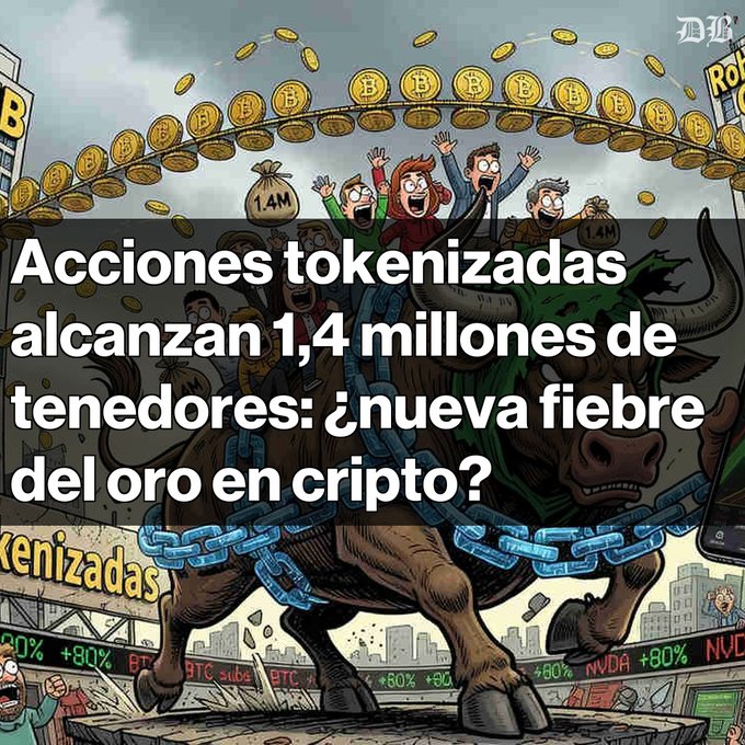 A graphic with Spanish text reading 'Acciones tokenizadas alcanzan 1,4 millones de tenedores: ¿nueva fiebre del oro en cripto?' over a cartoon image of a bull and falling Bitcoin coins.