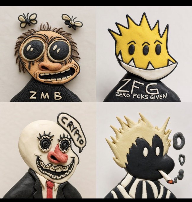 Four creepy cartoon-style sculptures with text including 'ZMB', 'ZFG Zero F*cks Given', and 'CRYPTO'.