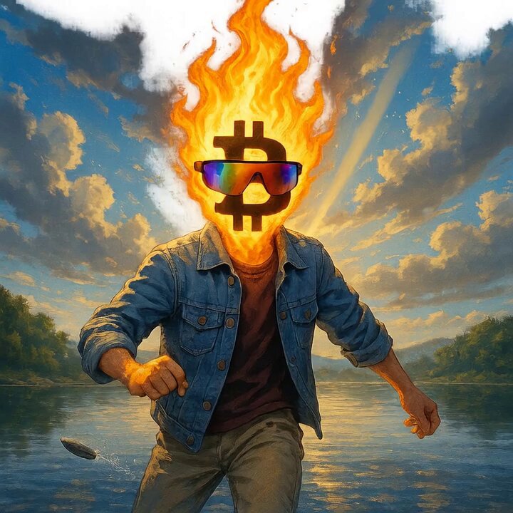 The image features a man with a fire-breathing dragon head, wearing sunglasses and a denim jacket while standing near water. The background of the image shows a beautiful sunrise over a body of water, creating an artistic and surreal atmosphere. The caption "Sunrise mode main character style #BURNCOIN" suggests that this artwork is inspired by the concept of a dragon breathing fire during a sunrise or sunset scene.