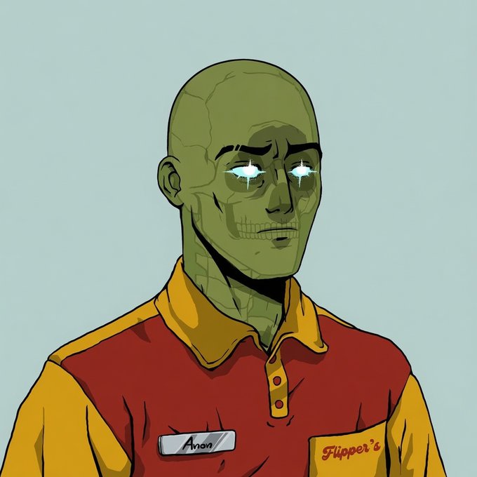 An illustrated bald, green-skinned zombie employee named "Anon" wearing a red and yellow "Flipper's" uniform shirt, with glowing star-shaped eyes symbolizing crypto euphoria. The meme humorously suggests that bald-headed crypto degens like him will pass down their unbreakable conviction in $INJ to $7 to their future children.