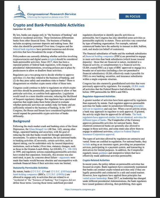 A Congressional Research Service document titled 'Crypto and Bank Permissible Activities' from September 30, 2026, discussing regulation of cryptocurrencies and banking activities.