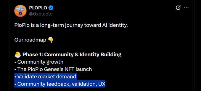 A screenshot of a tweet from @0xploplo outlines PloPlo's roadmap as a "long-term journey toward AI identity," highlighting Phase 1 focused on "Community & Identity Building" with key goals including community growth, the PloPlo Genesis NFT launch, market demand validation, and community feedback—the last two of which are highlighted in blue and directly relate to the accompanying post's criticism that market demand went unvalidated after only 862 of 5,555 NFTs were minted.