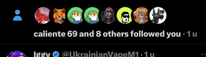 Social media notification showing that 'caliente 69 and 8 others followed you' alongside a post from verified user 'Jggy' (@UkrainianVapeM1) made 1 minute ago.