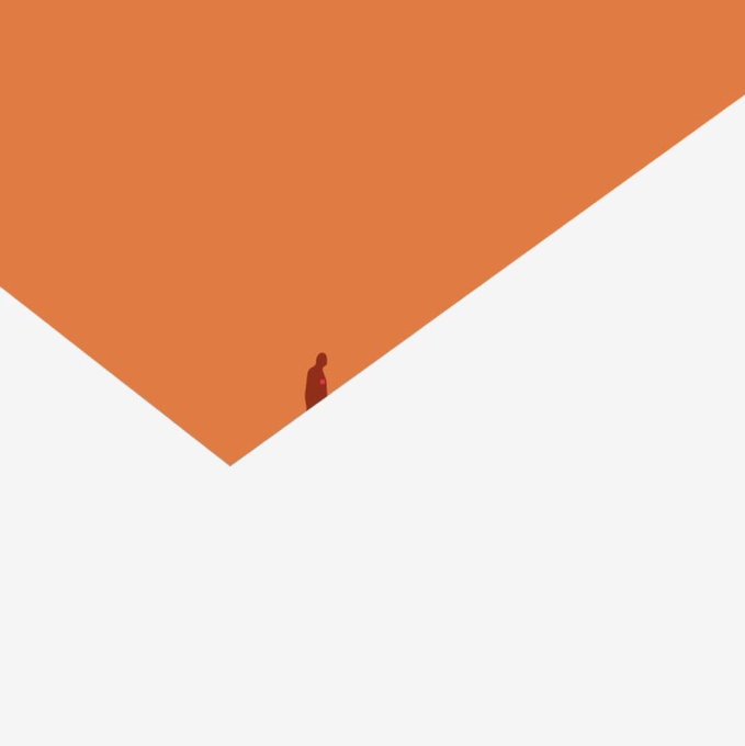 A minimalist illustration showing a tiny figure in a dark red garment standing at the edge of a large orange geometric shape against a light gray background.